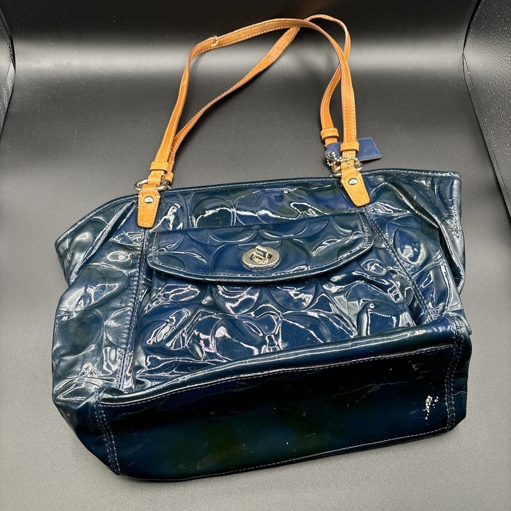 Coach Signature Leah Embossed Patent Leather Shoulder Tote Bag F14663 Purse Blue